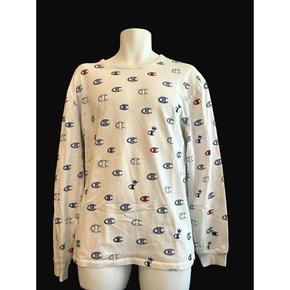 Vtg Champion Logo All Over Print T Shirt Double Sided Adult Large Long Sleeve